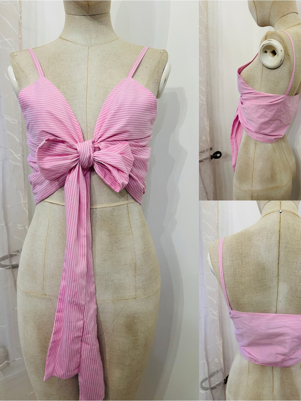 MSGM Pink Striped Tie-Front Crop Top